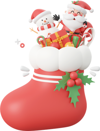 Santa Claus And Snowman With Decorations In Christmas Sock  3D Icon