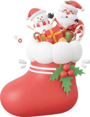 Santa Claus And Snowman With Decorations In Christmas Sock Christmas Theme Elements 3 D Illustration 3D Icon