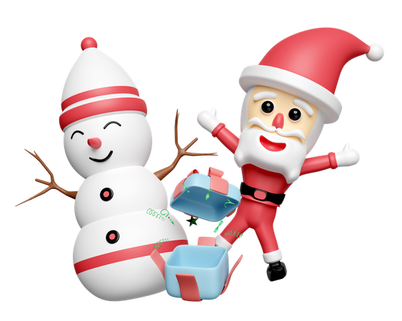 Santa Claus And Snowman With Gift  3D Icon