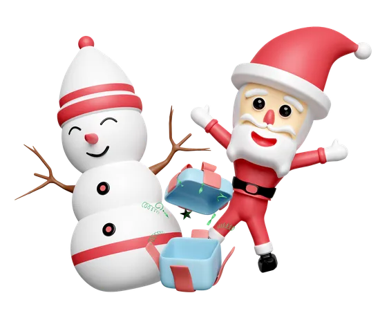 Santa Claus And Snowman With Surprise Gift Box Isolated Merry Christmas And Happy New Year 3 D Render Illustration 3D Icon