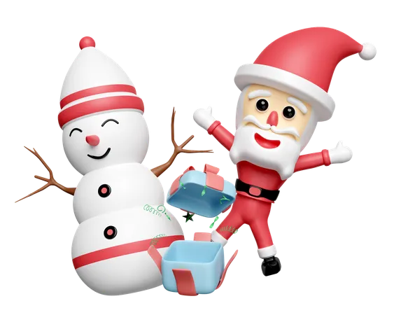 Santa Claus And Snowman With Gift  3D Icon