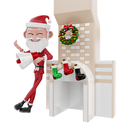 Santa claus announcement christmas at fireplace  3D Illustration