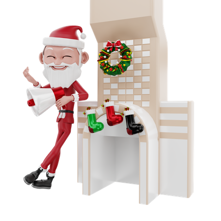 Santa claus announcement christmas at fireplace 3D Illustration