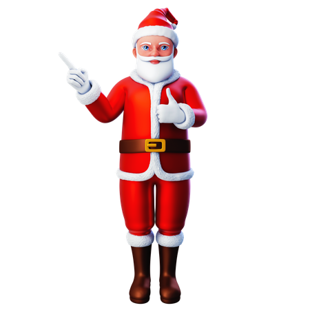 Papá Noel apuntando hacia el lado superior izquierdo y la otra mano mostrando el gesto del pulgar hacia arriba  3D Illustration