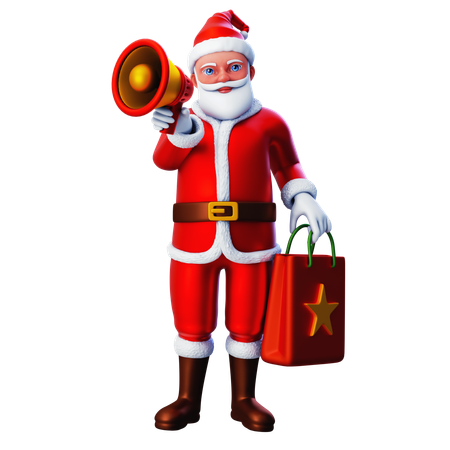 Santa Claus Bring Shopping Bag And Loudspeaker  3D Illustration