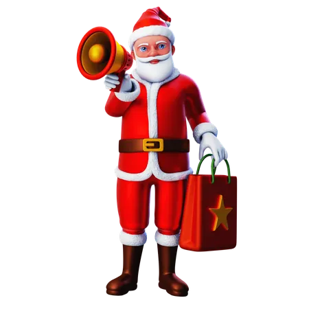 Santa Claus Bring Shopping Bag And Loudspeaker  3D Illustration