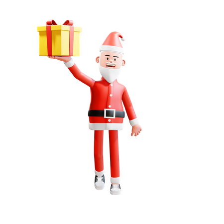 Santa claus carries and lifts Christmas gifts with his right hand 3D Illustration
