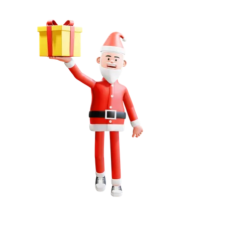 Santa claus carries and lifts Christmas gifts with his right hand 3D Illustration