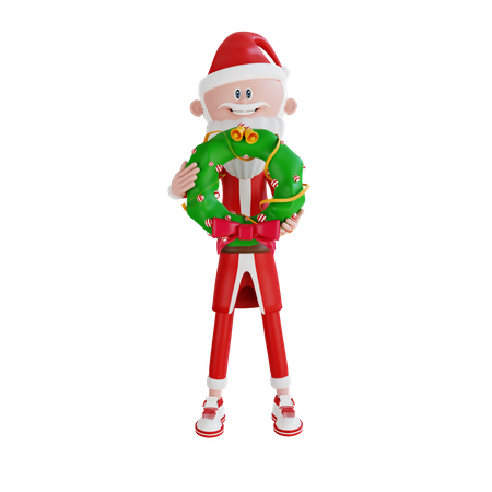 Santa Claus Carrying Christmas Wreath 3D Illustration