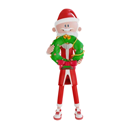Santa Claus Carrying Christmas Wreath  3D Illustration