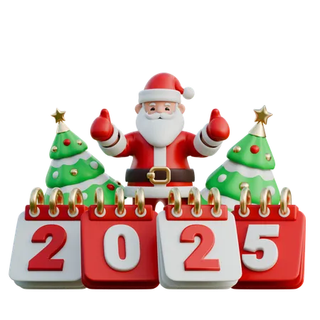 Santa Claus Cheering In Front Of 2025 With A Thumbs Up  3D Illustration