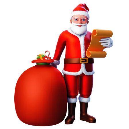 Papá Noel comparte regalos y lista de cheques  3D Illustration