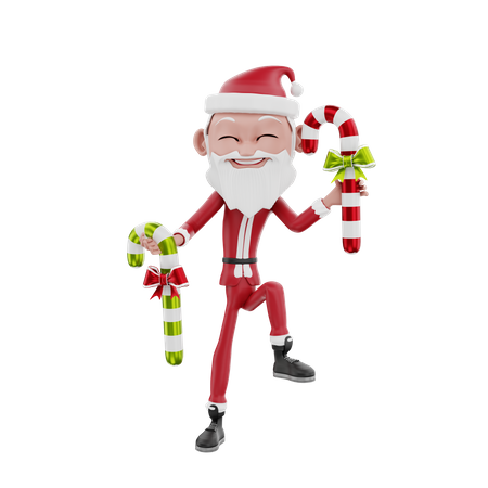 Santa claus dancing with candy cane 3D Illustration