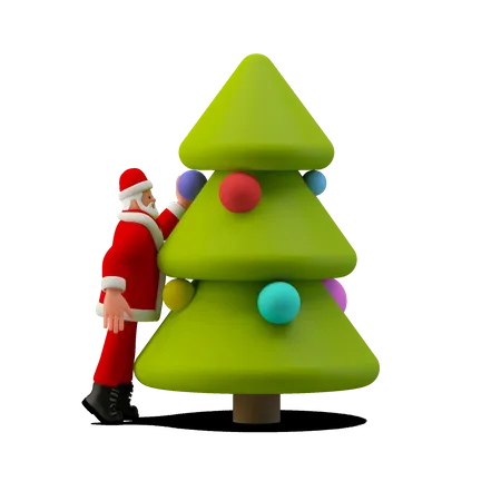 Santa Claus Decorating Christmas Tree 3D Illustration