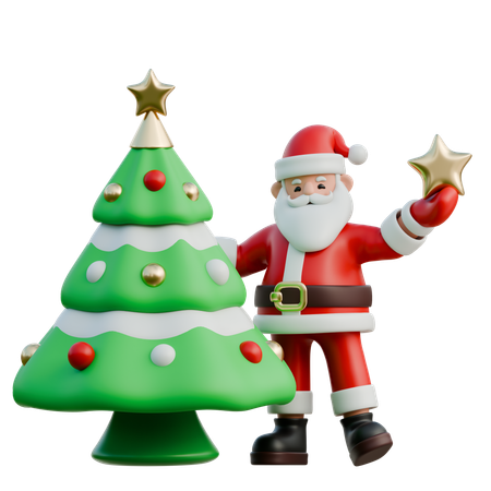 Santa Claus Decorating Christmas Tree  3D Illustration