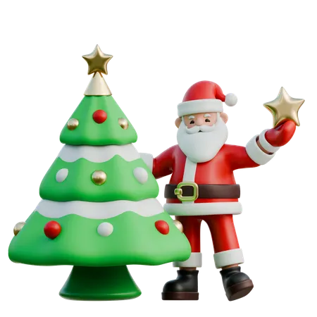 Santa Claus Decorating Christmas Tree  3D Illustration