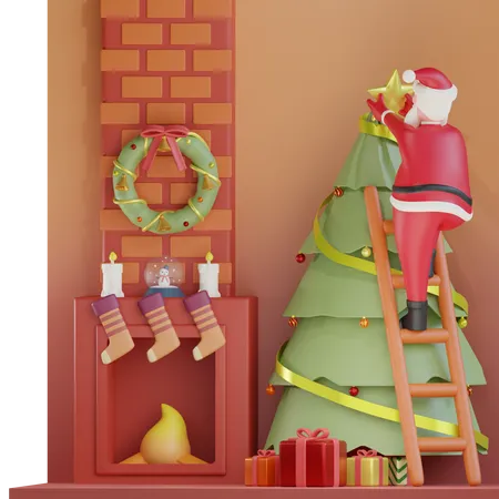 Santa Claus Decorating Christmas Tree  3D Illustration