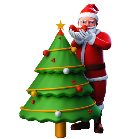 Santa Claus Decorating Christmas Tree With Ribbon Bow  3D Icon
