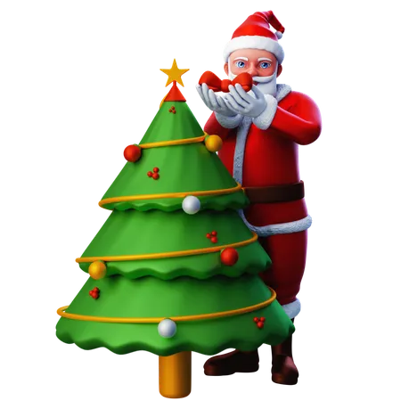 Santa Claus Decorating Christmas Tree With Ribbon Bow  3D Illustration