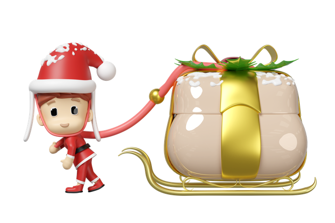 Santa Claus Dragging Sleigh  3D Illustration