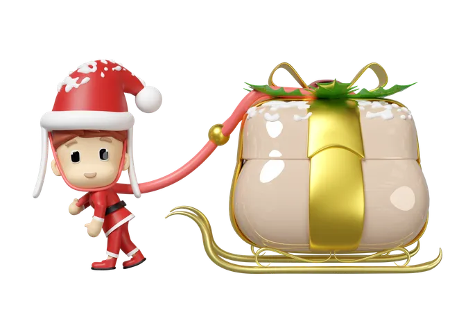 Santa Claus Dragging Sleigh  3D Illustration