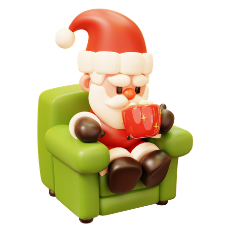 Santa Claus Drinks Hot Chocolate Sitting on Armchair  3D Icon