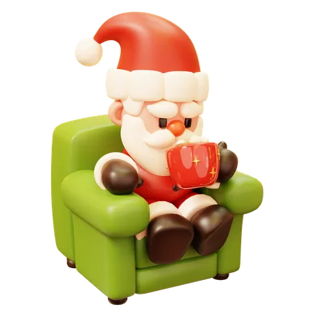 Cute Cartoon 3 D Santa Claus Character Drinks Cup Of Hot Chocolate Or Glass Of Coffee Sitting On Counch Sofa Armchair Happy New Year Decoration Merry Christmas Holiday New Year And Xmas Celebration 3D Icon