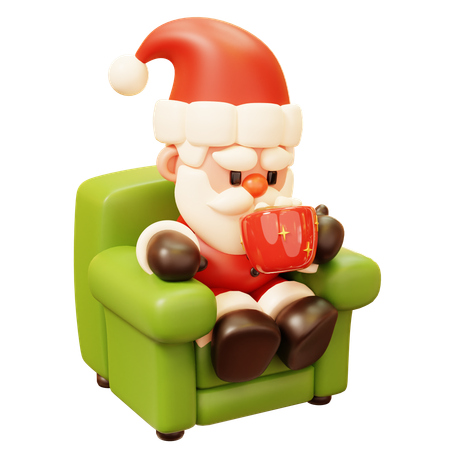 Santa Claus Drinks Hot Chocolate Sitting on Armchair  3D Icon