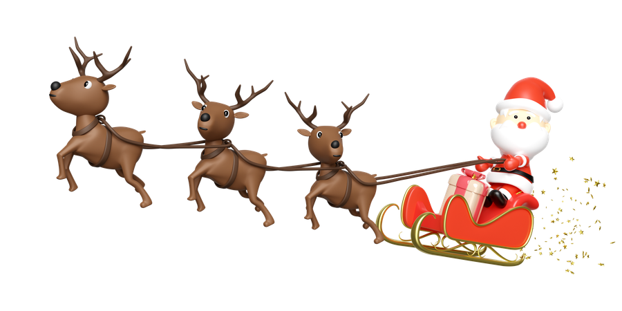 Santa Claus está sentado en un trineo con regalos.  3D Illustration