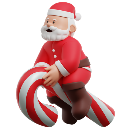 Santa Claus Flying With Candy Cane  3D Illustration