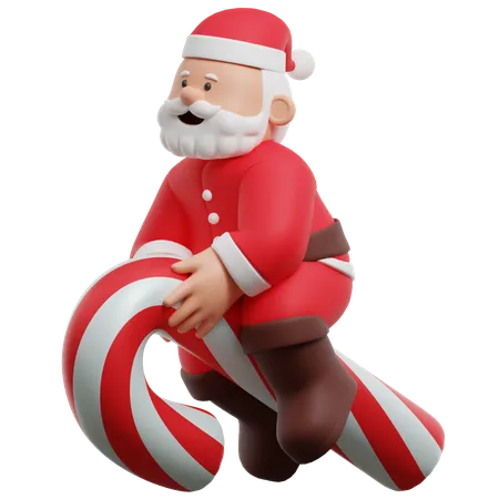 Santa Claus Flying With Candy Cane  3D Illustration