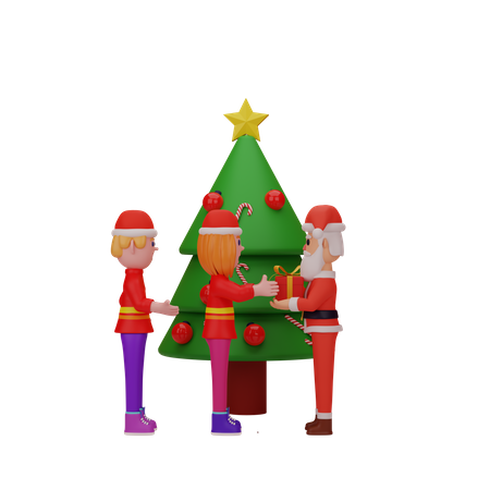 Santa Claus giving Christmas gift to girl  3D Illustration