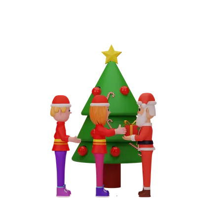 Santa Claus giving Christmas gift to girl  3D Illustration
