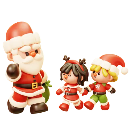 Cute Cartoon 3 D Santa Claus Character Santa Claus With Gift Bag Greeting Kids Little Boy And Girl Child Happy New Year Decoration Merry Christmas Holiday New Year And Xmas Celebration 3D Icon