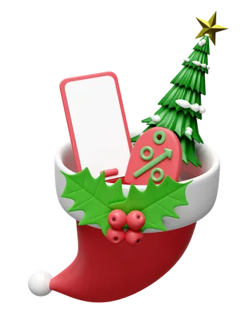 Santa Claus Hat With Mobile Phone Smartphone Discount Sales Christmas Tree Holly Berry Leaves Isolated Merry Christmas And Happy New Year 3 D Render Illustration 3D Illustration