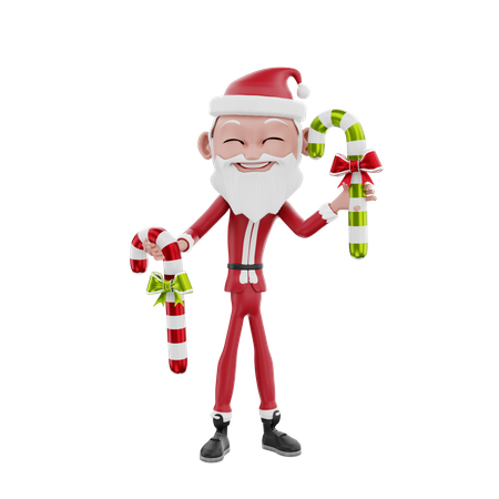 Santa claus holding candy cane 3D Illustration