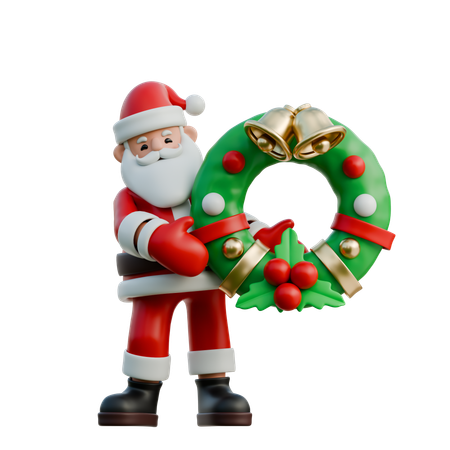 Santa Claus Holding Christmas Wreath  3D Illustration