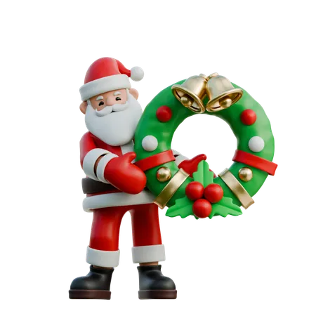 Santa Claus Holding Christmas Wreath  3D Illustration