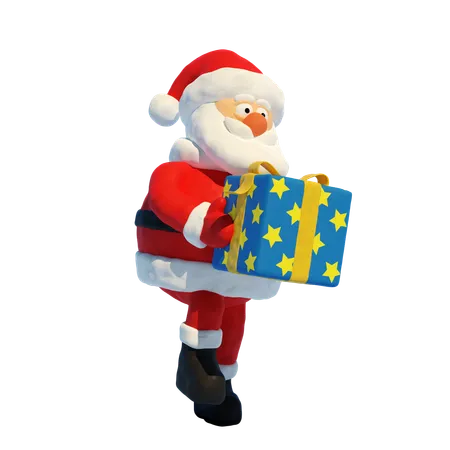 Plasticine Santa Carries A New Years Gift Box Cartoon Santa Claus With A Gift 3D Illustration