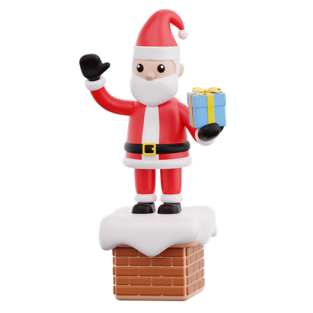 Santa Claus Holding Gift Box On Chimney  3D Icon