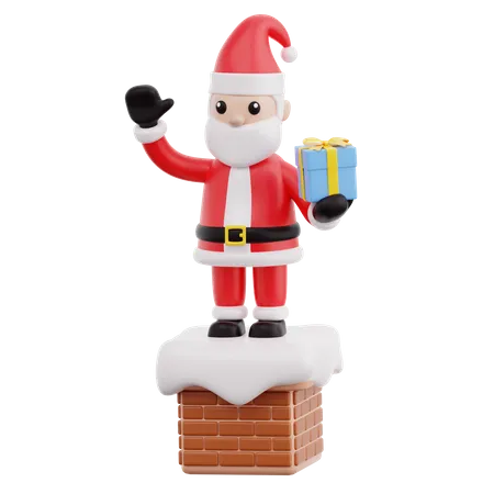 Santa Claus Holding Gift Box On Chimney  3D Icon