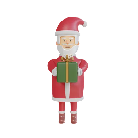 Santa Claus Holding Green Gift Box  3D Illustration