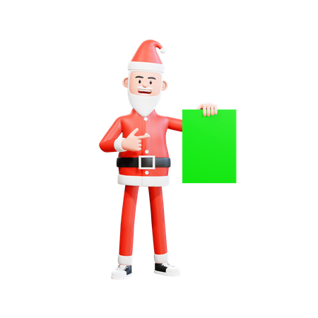 Santa Claus holding green paper with his left hand and pointing with his right hand  3D Illustration