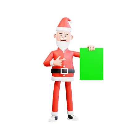 Santa Claus holding green paper with his left hand and pointing with his right hand  3D Illustration