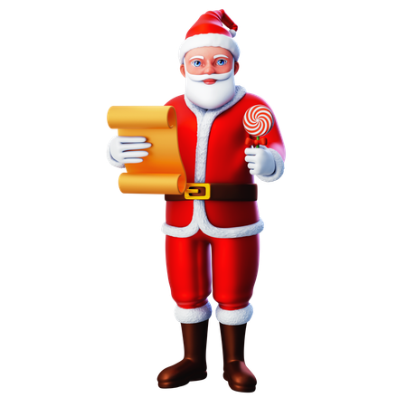 Santa Claus Holding Lollipop And Paper List  3D Illustration