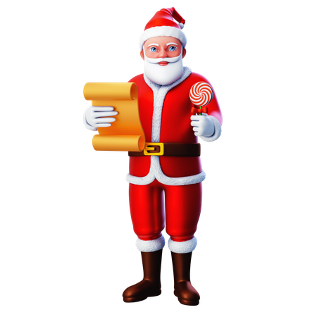 Santa Claus Holding Lollipop And Paper List  3D Illustration