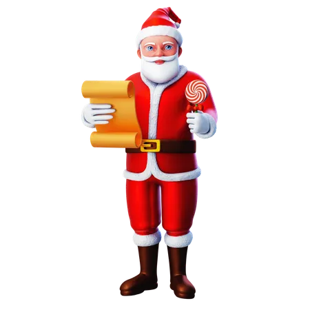 Santa Claus Holding Lollipop And Paper List  3D Illustration