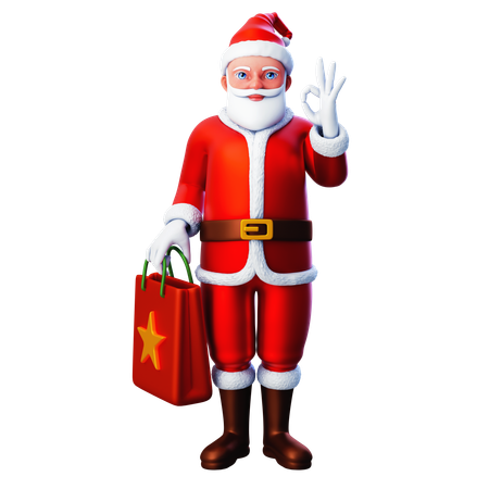 Santa Claus Holding Shopping Bag And Showing Ok Hand Gesture  3D Illustration