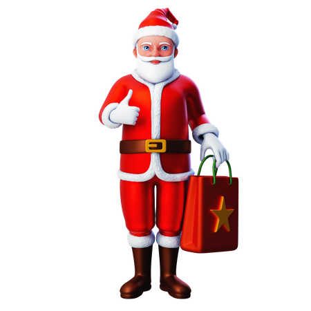 Santa Claus Holding Shopping Bag And Showing Thumb Up Hand Gesture  3D Illustration