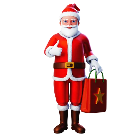 Santa Claus Holding Shopping Bag And Showing Thumb Up Hand Gesture  3D Illustration